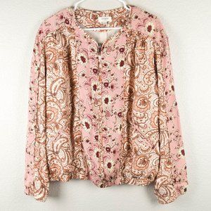 Umgee Womens L Pink Paisley Floral Topper Boho Bomber Jacket Zip Up Lined